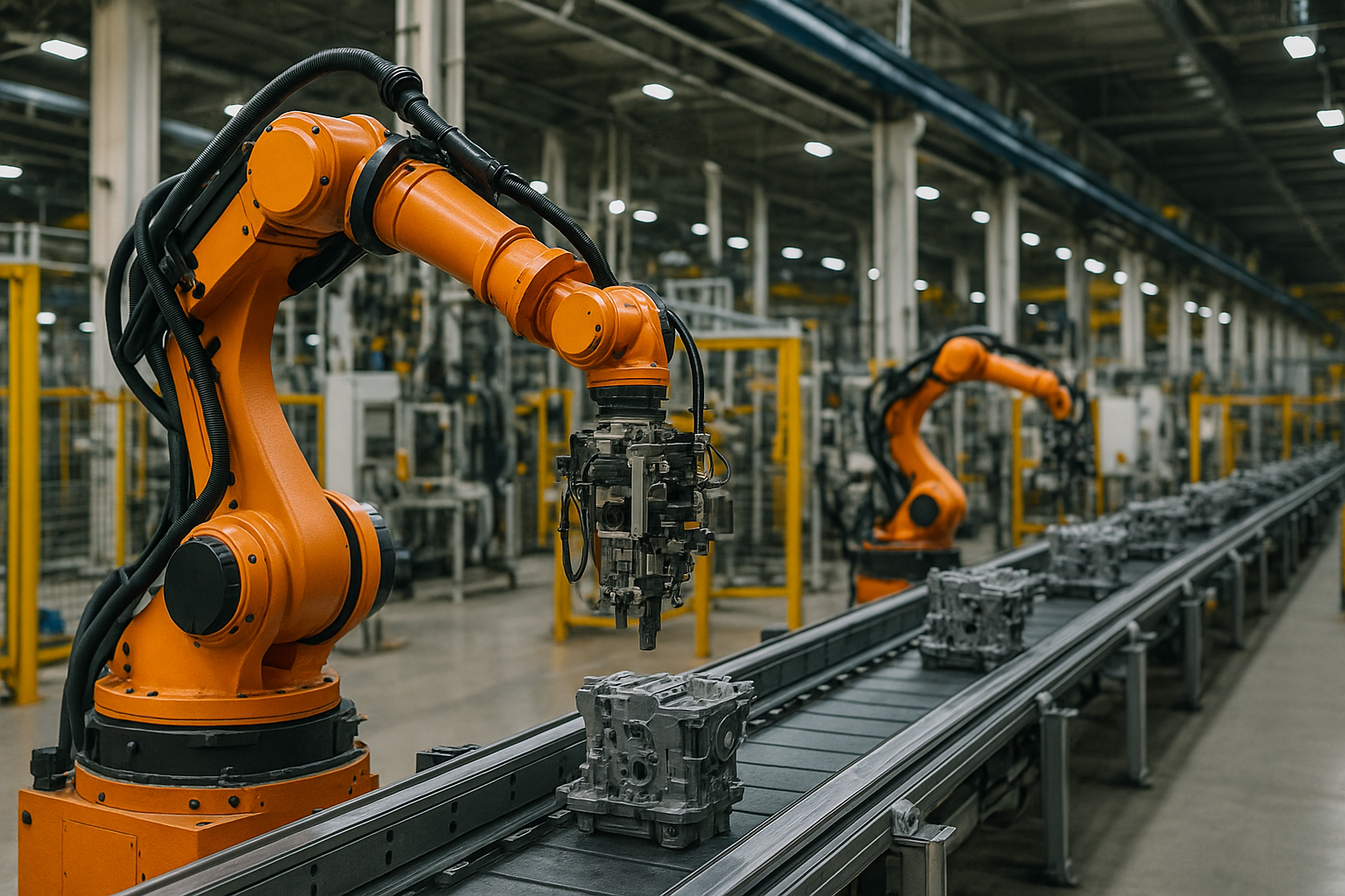 Simulation of AI-driven robotic automation cell in a production environment.